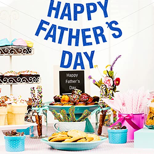 Image of Happy Father's Day Glitter Blue Banner Bunting Banner for Dad Father's Party Decorations Backdrop Garland for Father's Day (Dark Blue)
