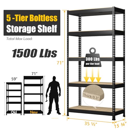 Image of PrimeZone Storage Shelves 4 Packs 5 Tier Adjustable Garage Storage Shelving, Heavy Duty Metal Storage Utility Rack Shelf Unit for Warehouse Pantry Closet Kitchen, 35.5 inch x 15.75 inch x 71 inch, Black