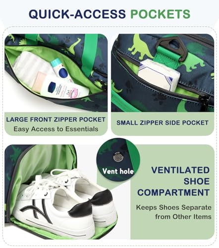 Kids Duffle Bag,VASCHY Travel Bag for Toddler Children Boys Water Resistant Overnight Duffel Ballet Dance Sport Carry On Weekender Bag with Shoes Compartment Dry Wet Pocket Green Dinosaur4
