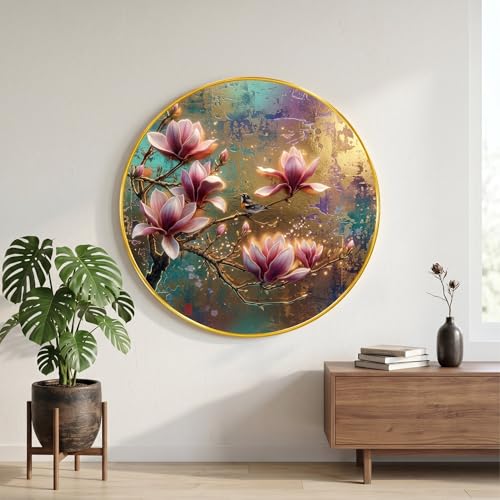 Image of SAF Magnolia Flower Wall Painting with Golden PVC Frame Round Bird Floral Art Modern Luxury Wall Decor for Living Room Bedroom Office Home Decorative Elegant Gift Item (16 x 16 Inch) GRM-360