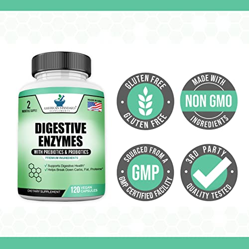 Digestive Enzymes Plus Probiotics & Prebiotics, 120 Veggie Capsules, For Digestion With Amylase, Bromelain, Papain, Lipase, Lactase, Protease, Papain, Cellulase, Vegan & Gluten Free, 2 Month Supply #TOP5