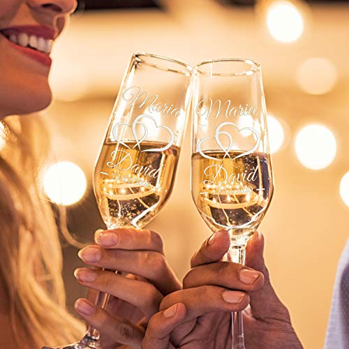P Lab Set Of 2, Bride Groom Names & Date Hearts, Personalized Wedding Toast Champagne Flute Set, Wedding Toasting Glasses - Etched Flutes For Bride & Groom Customized Wedding Gift #N9 #TOP3