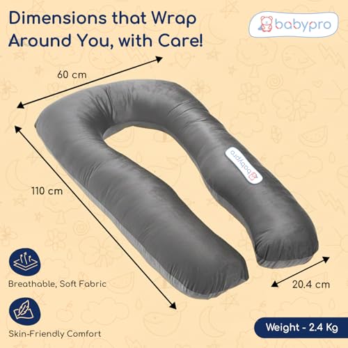 Image of BabyPro U-Shaped Pregnancy Pillow with Silky Cooling Velvet Cover, Grey | Full Body Pillow for Back Pain, Head, Belly, Hips & Knees, Soft Cushion