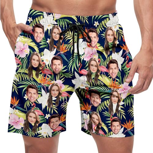 Custom Mens Swim Trunks with Face Personalized Funny Hawaiian Swim Shorts Customized Photo Beach Board Shorts Gift for Dad