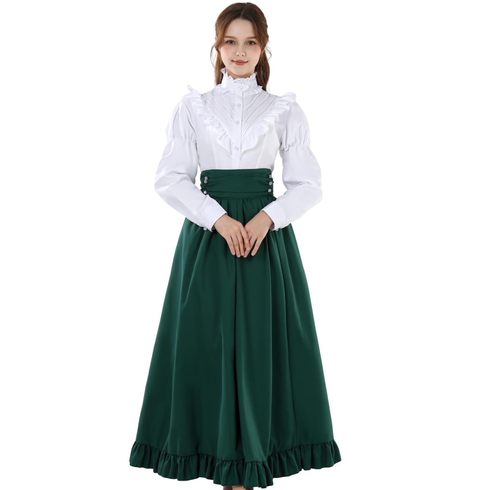 CR ROLECOS Womens Victorian Dress Medieval Costume Victorian Blouse Renaissance Skirt 2-pieces Set M, Green