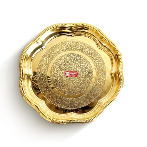 Image of Kitchen Expert Small Brass Plate | 15cm | Pooja Thali | Engraved Flower Design | Ideal for Puja /Prasad /Dia | Mandir Plate | Handcrafted Dia
