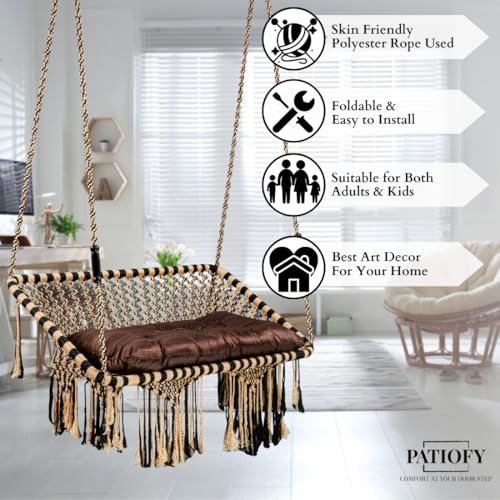 Image of Patiofy Premium Large Double Seater Swing Hanging Hammock Swing Chair for 2 People /Jhula for Adults / 2 Seater Swing for Balcony /Includes Free Hanging Kit & Cushion (Brown-Golden)