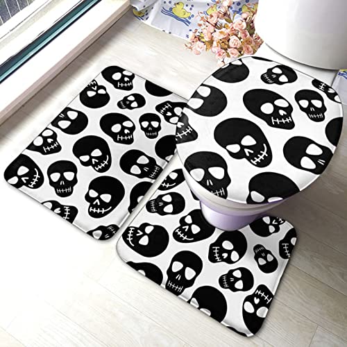 DIRYKILP Badematte + Konturmatte + Toilettendeckelbezug, Easy Black Skull 3 Stück Badematte Set, mit rutschfester Klebeunterseite