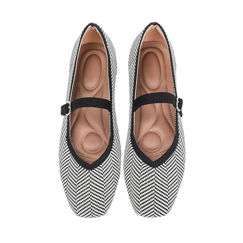 Maqixz Knit Flats for Women Square Toe Casual Ballet Flat Shoes with Ankle Strap...
