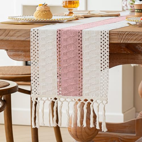 Image of FEXIA Boho Table Runner Summer Home Decor with Tassels 72 Inches Long Pink Farmhouse Rustic Table Runner Burlap Centerpieces for Tables Decoration for Living Room (12x72 Inches)