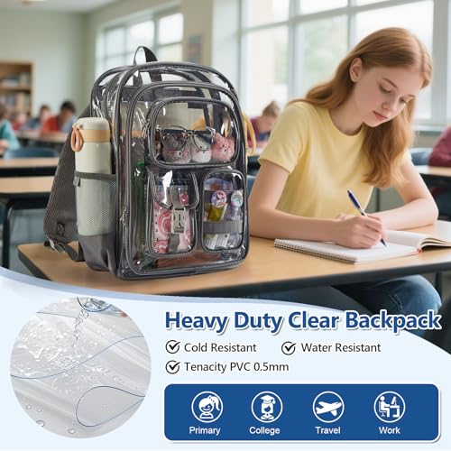 Image of Grey Clear Backpack Heavy Duty, Large Clear Bookbag for Boys Girls Adult, See Through Book Bag Transparent Backpacks with Multiple Pockets for School College Work Casual