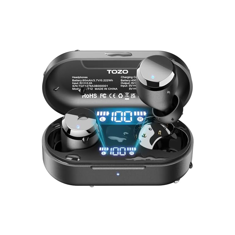 TOZO-T12-Compact-Ergonomic-Edition-Wireless-Earbuds-Bluetooth-53-Headphones-Call-ENC-Noise-Cancelling-Mic-55Hrs-Playtime-App-Customize-EQ-IPX8-Waterproof-LED-Digital-Display-Premium-Sound-Headset