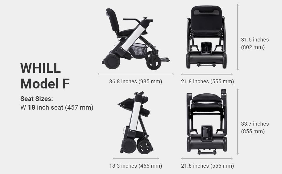 Diagram showing the dimensions of the WHILL Model F in both unfolded and folded states, including length, width, height, and seat size.