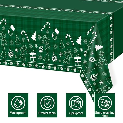 Image of Childom 2 Pack Christmas Tablecloth Disposable,Christmas Decorations,54 x 108 Inch,Plastic Tablecloths for Rectangle Tables,Green Themed Checkered Table Covers for Xmas,Indoor,Outdoor,Birthday,Parties