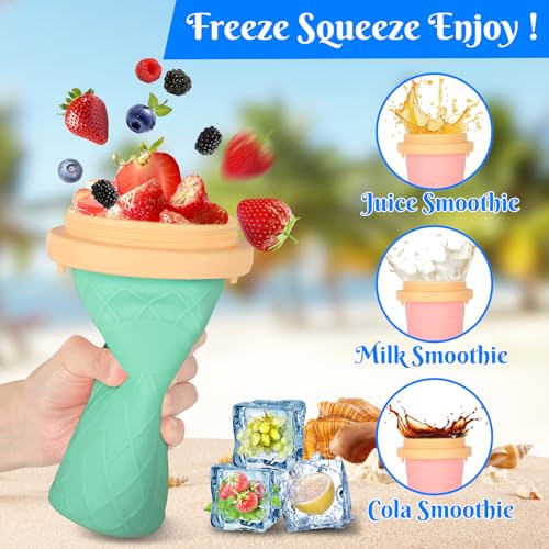 CIOXSOIO 2er Set DIY Slush Becher, Silikon Squeeze Cup mit 2-in-1 Strohhalm und Löffel, Slush Eis Becher zum Kneten Smoothie Pinch Ice Cup, DIY Slushy Maker Cups – Bild 6