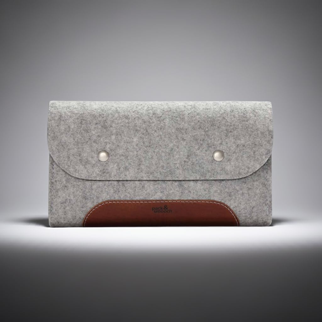 Pack & Smooch Corriedale XS Bolsa Cables Gris/Marrón Claro | 100% Fieltro de lana merino | Cuero curtido vegetal | Para accesorios MacBook/iPad