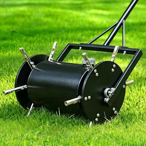 Carduelist rolling lawn aerator with weighted drum and twelve hollow tines — showing the push-behind format that speeds up open turf