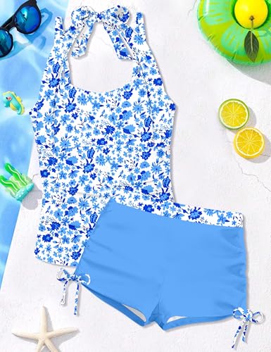 Image of Girls Swimsuit 2 Piece Halterneck Girls Tankini Swimsuit Drawstring Printed Swim Shorts Girl Bathing Suit for 7-18T