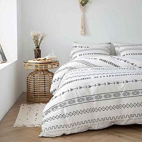 Boho Aztec Queen Size Comforter Set, White Striped Geometry Pattern Print Reversible Down Alternative Bed Sets - 90 X 90 3Pc Soft Microfiber Duvet Sets Modern Bohemian Bedding In A Bag For Women Men #TOP2