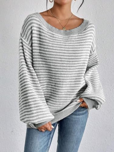 SKAYS Off The Shoulder Sweater Fall Striped Pullover Knit Sweaters for Women Long Sleeve Lightweight Drop Shoulder Tops4
