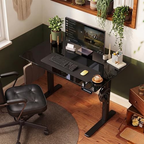 Image of INNOVAR Glass Standing Desk with Drawers 35 x 20 Inch Black