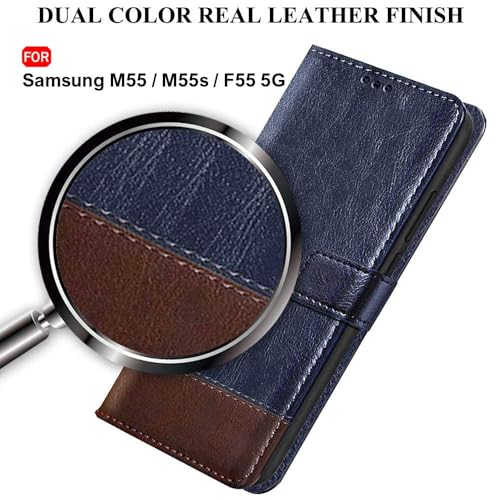 Image of TheGiftKart Flip Back Cover Case for Samsung Galaxy M55 / M55s / F55 5G | Dual-Color Leather Finish | Inbuilt Stand & Pockets | Wallet Style Flip Back Cover Case (Faux Leather, Blue & Brown)