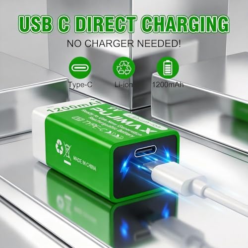 Image of PUJIMAX 9V Rechargeable Battery 1200mAh - High‑Capacity Lithium‑Ion with USB‑C Charger Cable, Long Life (1200+ Cycles), 10‑Year Shelf Life, Reliable 9V Output - 1‑Pack