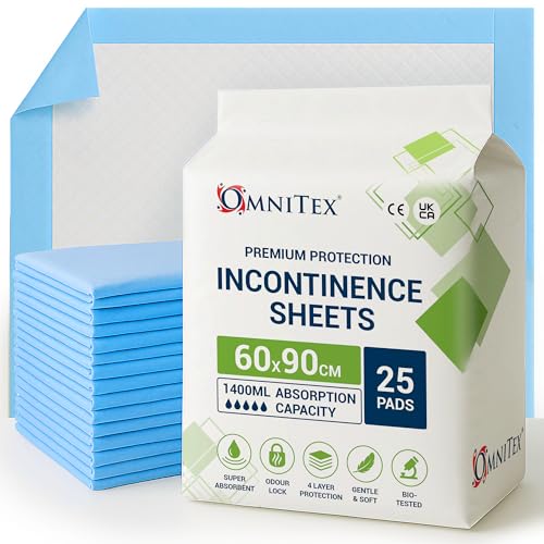 25x Omnitex 60 x 90cm Incontinence Bed Pads with SAP 1400ml | Disposable Bed Pads, SAP Liquid capture Tech, disposable underpads, Adult bed pads, pet pads, Absorbing Sheets, 25pk Premium Pads 1400ml