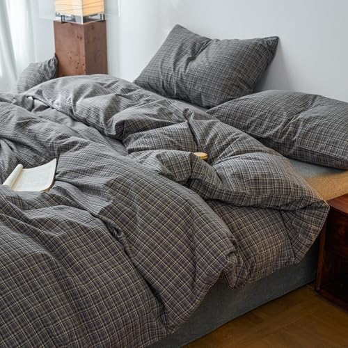 Image of EAVD Vintage Style Grey Plaid Gingham Duvet Cover Queen 100% Washed Cotton Like Linen Feel Soft Grid Plaid Bedding Set with 2 Pillowcases Farmhouse Grid Geometric Pattern Duvet Cover with Zipper