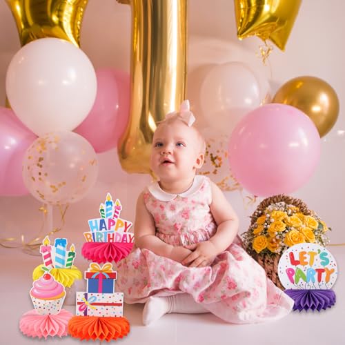 Image of 9pcs Colorful Happy 1st Birthday Honeycomb Centerpieces Colorful First Birthday Party Decorations Let's Party Tabletop Centerpieces Baby Shower One Year Celebration Table Topper Sign Decors