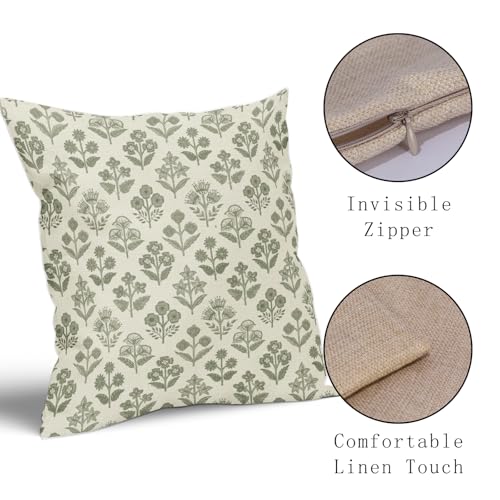 Sage Green Floral Pillow Covers 16x16 Inch Set of 2, Vintage Flower Block Print Pattern Decorative Throw Pillowcases Outdoor Farmhouse Cushion Covers Spring Summer Rustic Sofa Couch Bed Decor - Image 2