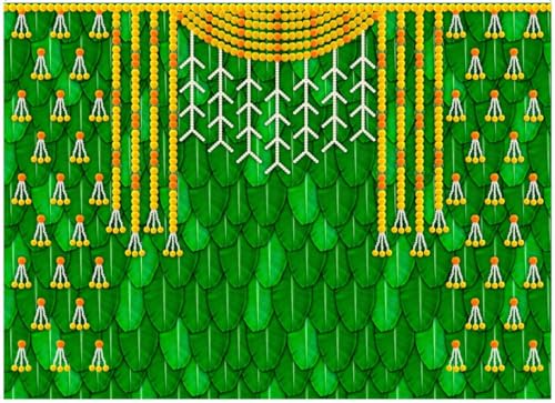 Image of varalakshmi backdrops | Banana Leaf Backdrop Decoration | Lakshmi poojas Backdrop | Banana Leaves for Decorations | Backdrop Cloth for Decoration Pooja (8X6 FEET) Pooja Backdrop Cloth