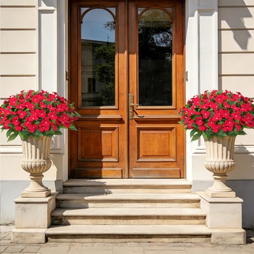 Image of Bassion 6 Bundles Artificial Flowers for Outdoors Fake Impatiens, Red | UV resistant, silk flowers, no fade realistic faux plants, outside patio garden porch planters window box balcony home decor