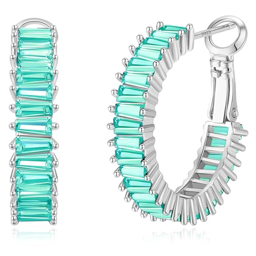 GLOQUAT Gold Lake Blue Hoop Earrings Silver Plated Teal Aqua Blue Earring for Women Vintage Baguette Cubic Zirconia Earring Fashion Round Circle Rhinestone Hoops for Women 925 Silver Post Jewelry 25mm