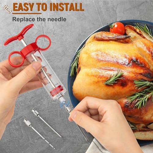 Image of Kingsmile Meat Injector, Turkey Injector Syringe - 3 Needles for BBQ Grill, 1oz Meat Injector Syringe, Injector Marinades for Meats, Meat Injectors for Smoking 1 Cleaning Brush Easy to Use & Clean Red