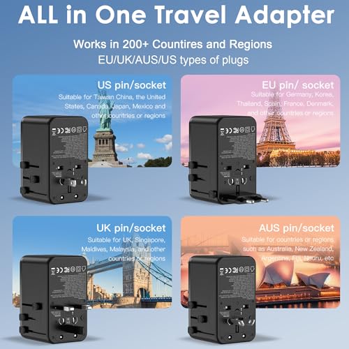Image of JMFONE 70W GaN Universal Travel Adapter, Retractable USB-C Cable + 4 USB-Port + 2500W AC Outlet, International Power Adapter with US EU UK AUS Plugs for 200+ Countries, Fast Charging Laptops Phones