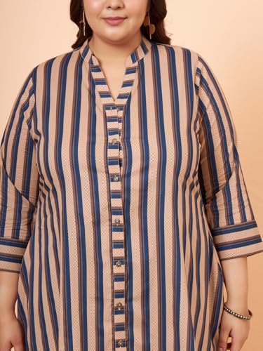 Image of Tissu Women's Plus Size Pure Cotton Blue Printed Shirt with Pyjama Co-Ord Set