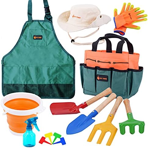 JoyTown Kids Gardening Tool Set –Real Metal Gardening Tools Includes Shovel, Rake, Trowel & Fork, Children’s Garden Kit with Hat, Apron, Gloves, Tote Bag, Sprayer and Bucket, Outdoor Gardening Gifts
