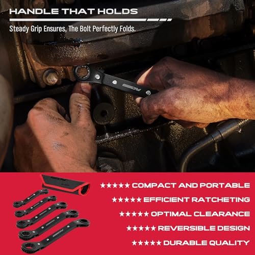 Sedy 81059 Ratchet Box Wrench Sae Set - 5-Piece Ratcheting Head Reversible Double Offset Wrenches Socket Spanner Tool Adjustable Direction Box End Universal Stubby Handle Angle Head thumb #6