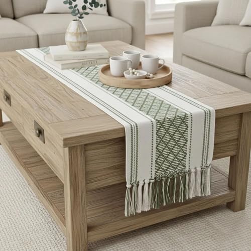 Image of Curated Cart Boho Table Runner 13x70 Inch with Tassels - Cotton Table Runner for 6 Seater Dining Table, Centre Table Runner for Living Room, Farmhouse Dining Table Decor (Green)