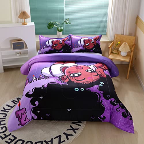 African American Black Girl Comforter Set For Kids And Adults, Queen Size Purple Hair Girl Bedding Comforter With 2 Cute Little Afro Girl Patterned Pillowcases - 90"X90" #TOP12