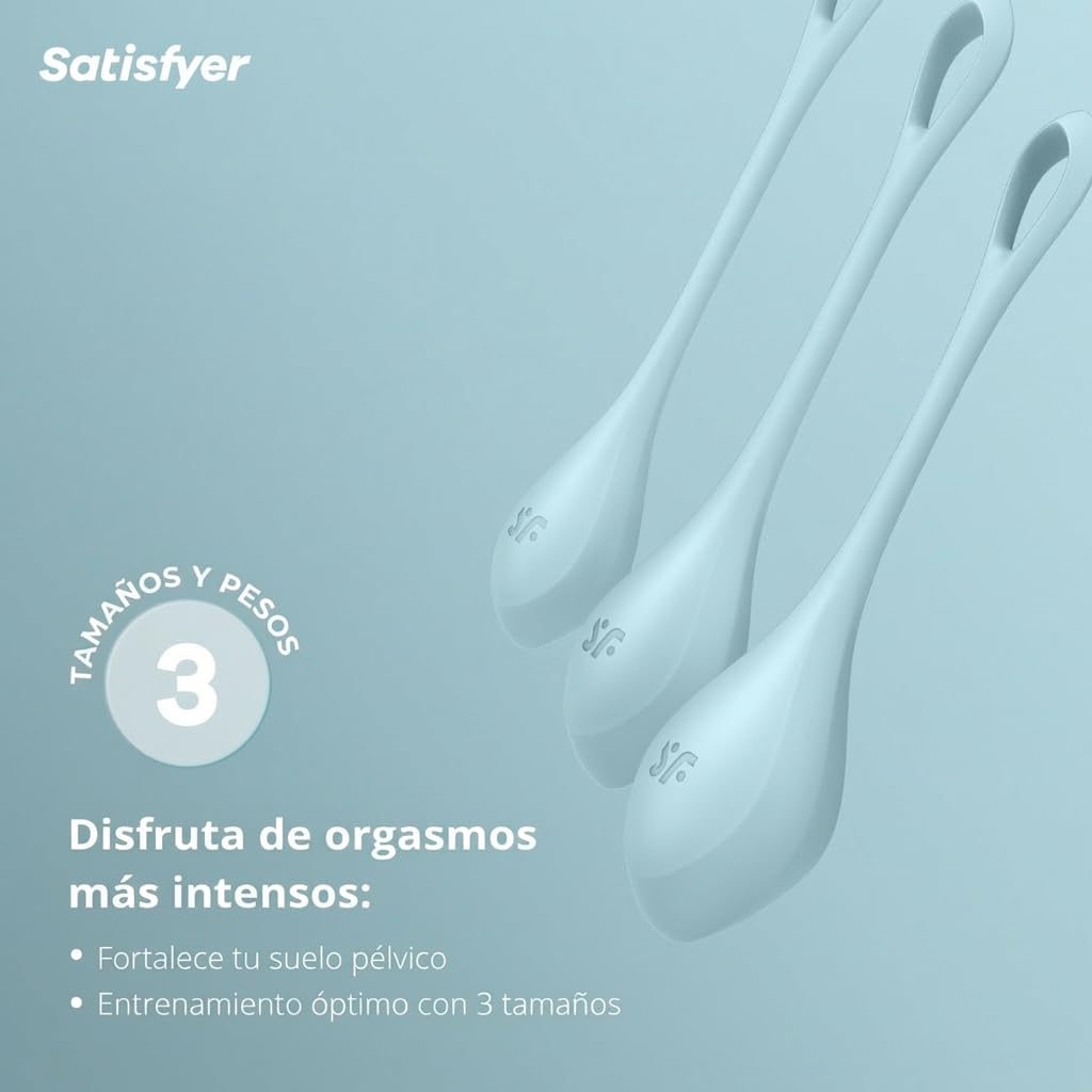 Satisfyer Yoni Power 2 Bolas Chinas | Set de 3 Entrenadores de Suelo Pélvico de Silicona | Bolas Kegel para Mujeres | 22-73 g y 2-3 cm | Para Principiantes y Avanzadas | Silicona Médica | Azul Claro