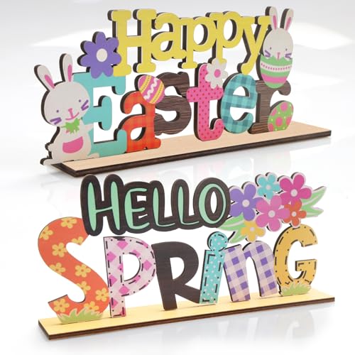 Easter Spring Table Decorations Sign – 2PCS Wooden Sign Bunny Decor...