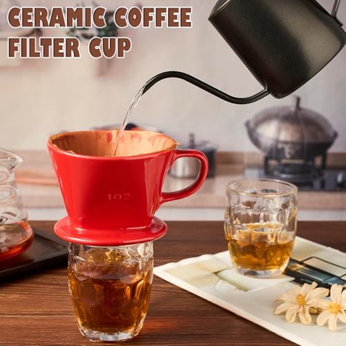 Image of Pour Over Coffee Dripper, Ceramic Pour Over Coffee Maker, Red | 3 Holes Flat Bottom, Easy Manual Brew Maker, Porcelain Slow Filter Cone for Travel, Camping, Office, Home