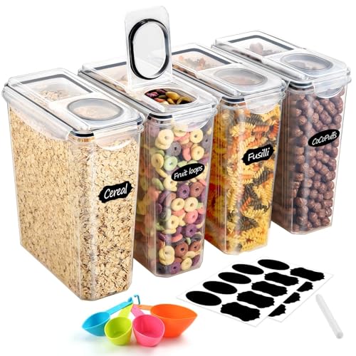 YASHE Cereal Storage Containers, 4Pcs Plastic Food Storage Containers with Lids Airtight, Durable Food Grade BPA-Free Cereal Containers with 16 Labels & 1 Marker