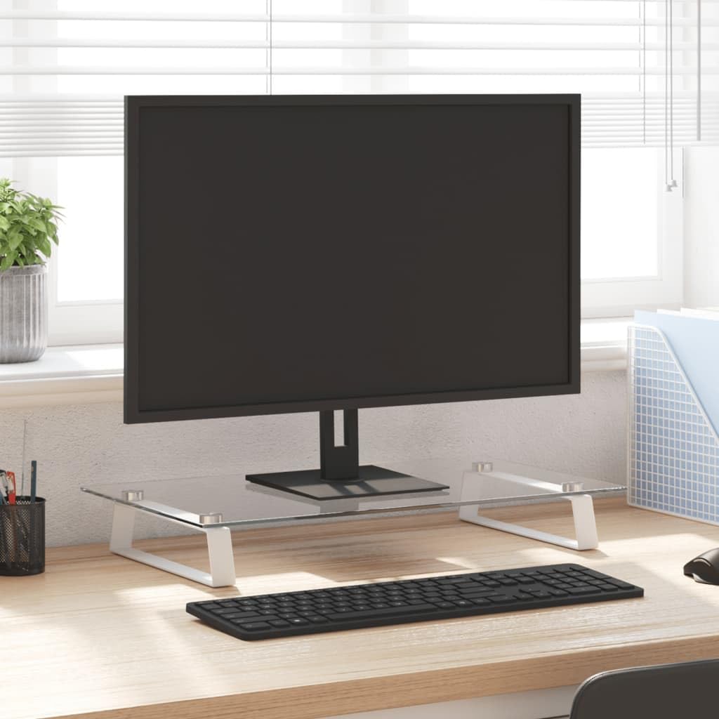 Supporto per monitor bianco 60 x 35 x 8 cm Vetro temperato e metallo Rialzo per monitor, supporto per monitor per ufficio e camera da letto
