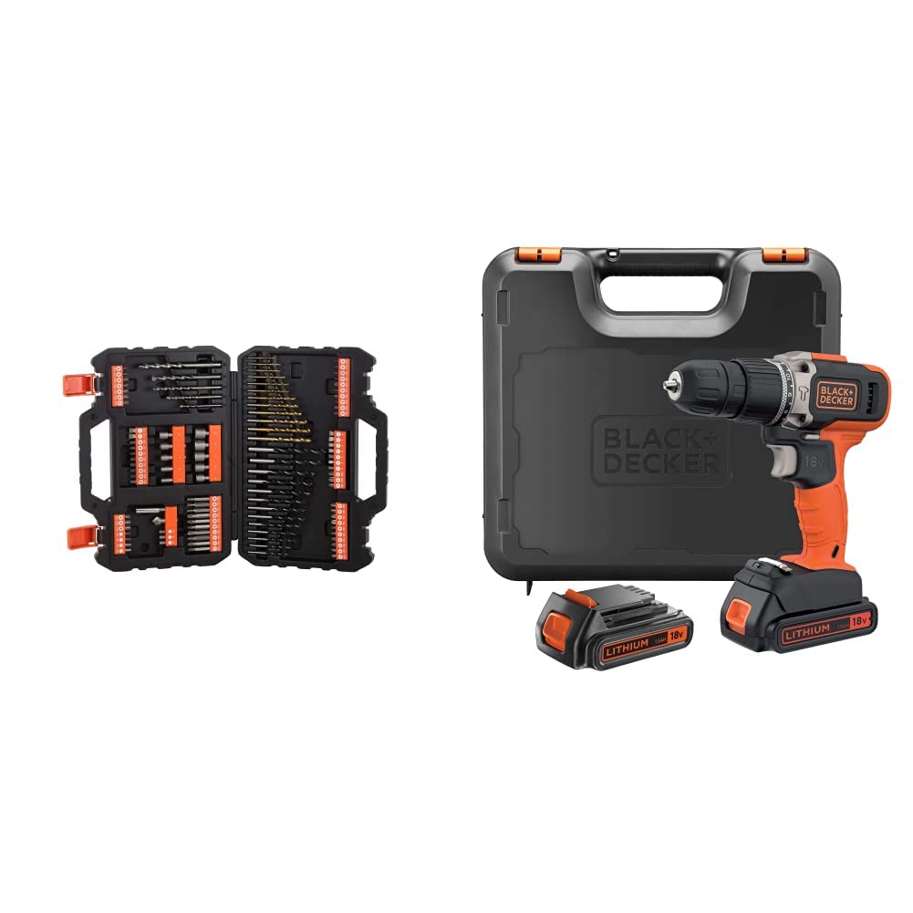 BLACK+DECKER BCD003C2K Taladro percutor 18V 21.000 ipm con 2 baterías litio 1.3Ah y maletín + A7200-XJ Juego de 109 piezas para atornillar y taladrar con brocas Titanio