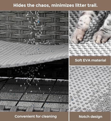 Cat Litter Box Enclosure with Ramp & Litter Mat; Handwoven Rattan Hidden Cat Washroom for 2 Cats; Large Cat House with Double Room; Pet Crate for Living Room,Bedroom,Balcony (Grey)