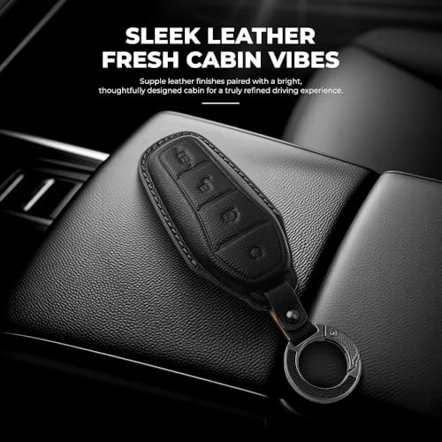 Image of Keyzone Premium Leather Key Cover & AC Vent Car Perfume Combo (4 Fragrances) | Compatible for BYD Seal, Atto3 4 Button Smart Key. (Black)