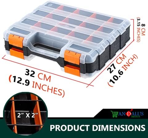 Andalus Double-Sided Small Parts Organizer Storage Box - 34 Compartment Box Small Hardware Organizer - Bolts, Parts, Nail and Screw Organizer - Durable and Portable Organizer - 12.75 x 10.63 x 3.15 inches